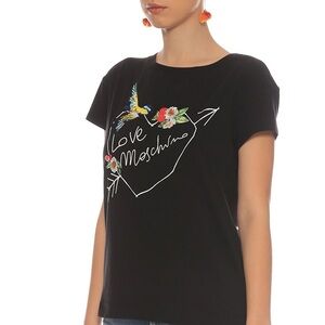 Love Moschino Logo Love Heart Arrow T-Shirt with Birds and Flowers Tee